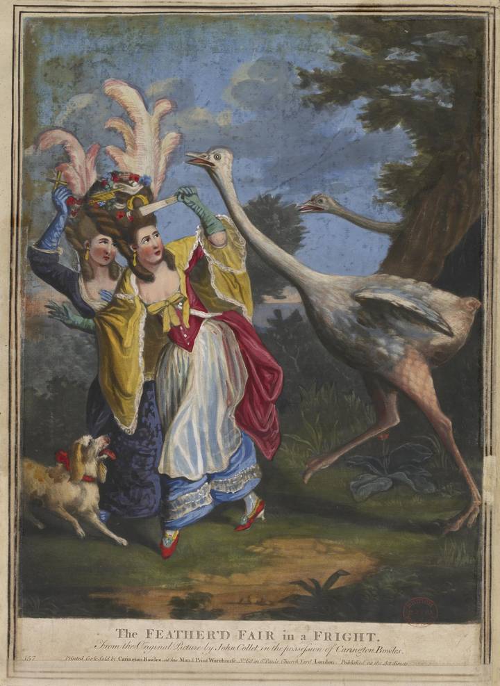 After John Collett, The Feather’d Fair in a Fright, 1777. British Museum (1935, 0522.2.36). © The Trustees of the British Museum.