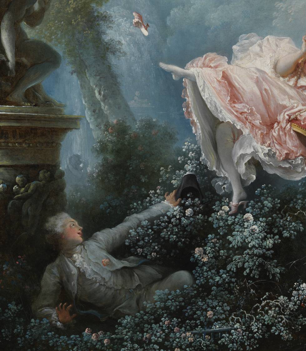A detail of a painting showing a woman being pushed on a swing by two men