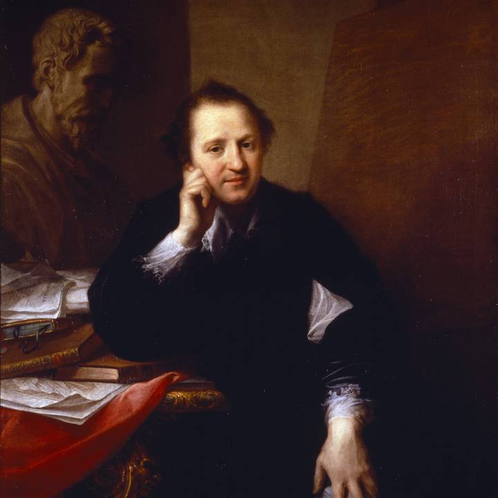 A painting of a man leaning against a desk