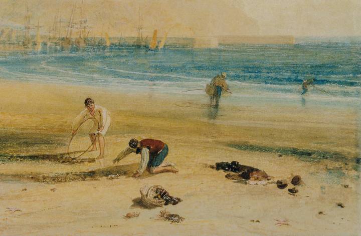 Detail of Scarborough Castle, showing boys with hoops. Joseph Mallord William Turner, Scarborough Castle: Boys Crab Fishing, 1809 (P654).