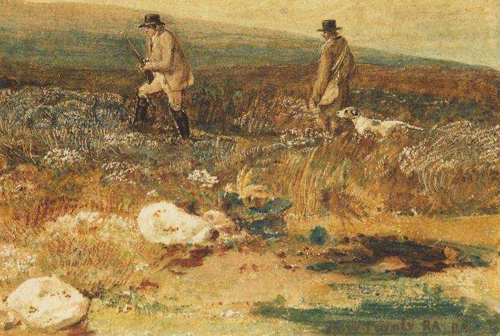 Detail of Grouse Shooting, showing men and dog. Joseph Mallord William Turner, Grouse Shooting at Beamsley Beacon, about 1816 (P664).